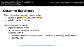 Innovation and Rethinking a Product/Service
with User Experience Maps
https://ieeexplore.ieee.org/document/8792578/metrics#metrics
Julia Coyle, Max Goldman, and Edden Kashi
Customer Experience
Direct interaction generally occurs in the
- course of purchase, use, and service
- initiated by the customer
Indirect contact frequently
- unplanned interactions
- products, services, or brands
- takes the form of
- word-of-mouth recommendations, criticisms, advertising, news reports
and reviews
 