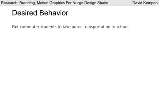Desired Behavior
Get commuter students to take public transportation to school.
Research, Branding, Motion Graphics For Nudge Design Studio David Kempen
 