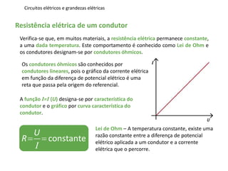 Circuitos elétricos e grandezas elétricas
Resistência elétrica de um condutor
constante
U
R 
Ι
Verifica-se que, em muitos materiais, a resistência elétrica permanece constante,
a uma dada temperatura. Este comportamento é conhecido como Lei de Ohm e
os condutores designam-se por condutores óhmicos.
Lei de Ohm – A temperatura constante, existe uma
razão constante entre a diferença de potencial
elétrico aplicada a um condutor e a corrente
elétrica que o percorre.
Os condutores óhmicos são conhecidos por
condutores lineares, pois o gráfico da corrente elétrica
em função da diferença de potencial elétrico é uma
reta que passa pela origem do referencial.
A função I=I (U) designa-se por característica do
condutor e o gráfico por curva característica do
condutor.
 