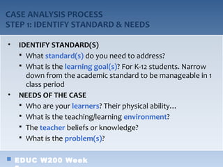 CASE ANALYSIS PROCESS
STEP 1: IDENTIFY STANDARD & NEEDS

•   IDENTIFY STANDARD(S)
     What standard(s) do you need to address?
     What is the learning goal(s)? For K-12 students. Narrow
      down from the academic standard to be manageable in 1
      class period
•   NEEDS OF THE CASE
     Who are your learners? Their physical ability…
     What is the teaching/learning environment?
     The teacher beliefs or knowledge?
     What is the problem(s)?


    EDUC W200 Week
 