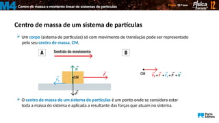 Centro de massa e momento linear de sistemas de partículas
M4
Centro de massa de um sistema de partículas
 Um corpo (sistema de partículas) só com movimento de translação pode ser representado
pelo seu centro de massa, CM.
 O centro de massa de um sistema de partículas é um ponto onde se considera estar
toda a massa do sistema e aplicada a resultante das forças que atuam no sistema.
 