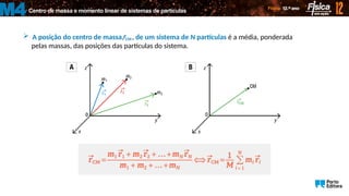 Centro de massa e momento linear de sistemas de partículas
M4
 A posição do centro de massa, , de um sistema de N partículas é a média, ponderada
pelas massas, das posições das partículas do sistema.

CM
r
 