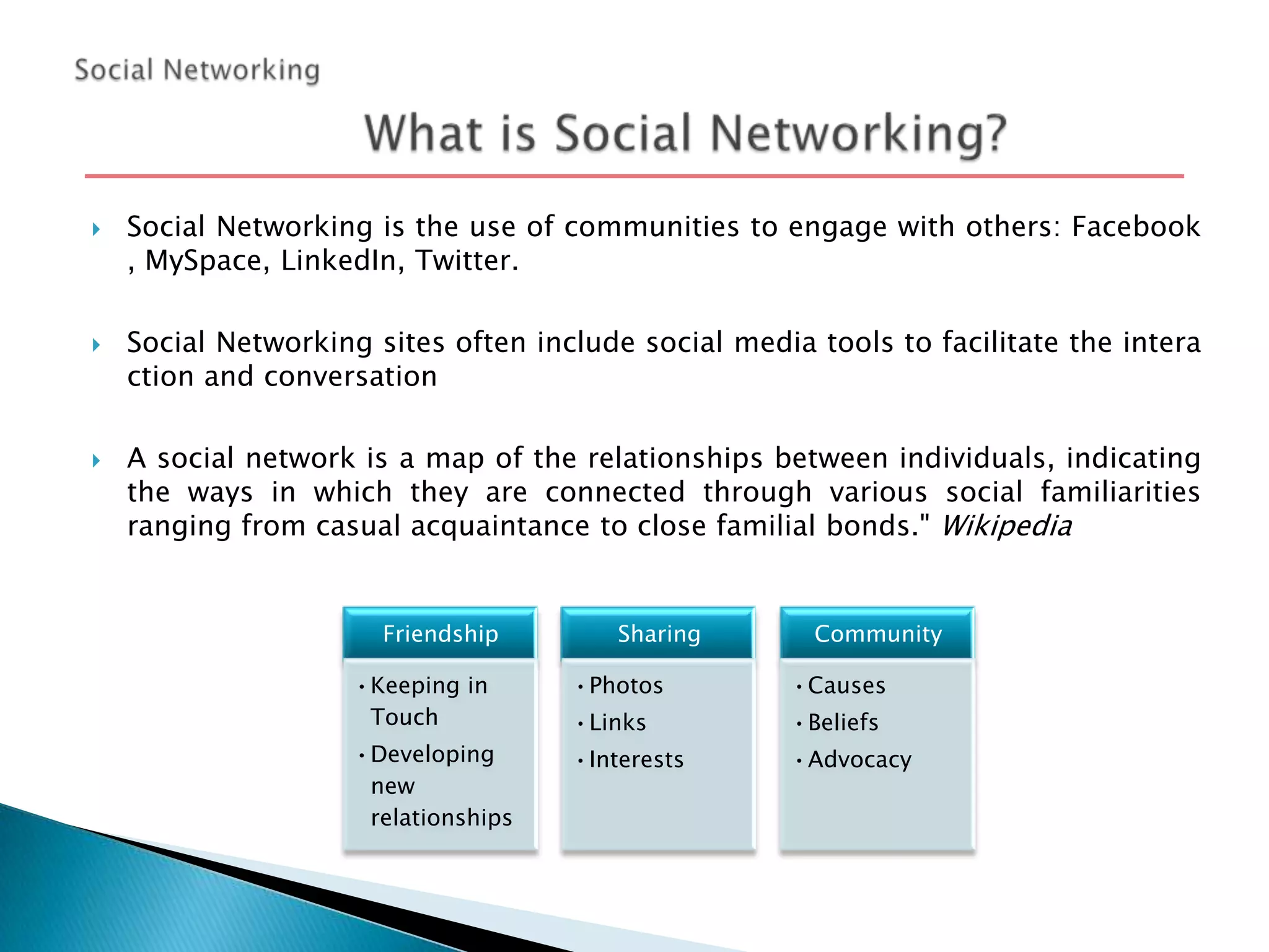 





Social Networking is the use of communities to engage with others: Facebook
, MySpace, LinkedIn, Twitter.
Social Networking sites often include social media tools to facilitate the intera
ction and conversation
A social network is a map of the relationships between individuals, indicating
the ways in which they are connected through various social familiarities
ranging from casual acquaintance to close familial bonds." Wikipedia

Friendship

Sharing

Community

•Keeping in
Touch

•Photos

•Causes

•Links

•Beliefs

•Developing
new
relationships

•Interests

•Advocacy

 