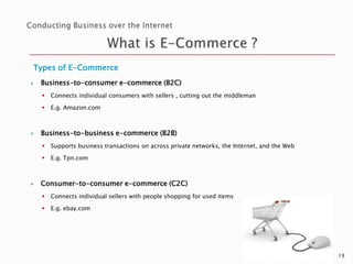 Types of E-Commerce


Business-to-consumer e-commerce (B2C)





Connects individual consumers with sellers , cutting out the middleman
E.g. Amazon.com

Business-to-business e-commerce (B2B)





Supports business transactions on across private networks, the Internet, and the Web
E.g. Tpn.com

Consumer-to-consumer e-commerce (C2C)


Connects individual sellers with people shopping for used items



E.g. ebay.com

19

 