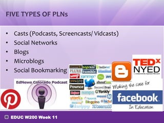 FIVE TYPES OF PLNs
•
•
•
•
•

Casts (Podcasts, Screencasts/ Vidcasts)
Social Networks
Blogs
Microblogs
Social Bookmarking

EDUC W200 Week 11

 