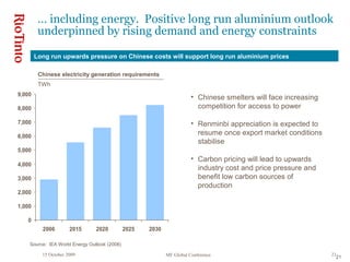 15 October 2009 MF Global Conference 21
21
0
1,000
2,000
3,000
4,000
5,000
6,000
7,000
8,000
9,000
2006 2015 2020 2025 2030
Long run upwards pressure on Chinese costs will support long run aluminium prices
• Chinese smelters will face increasing
competition for access to power
• Renminbi appreciation is expected to
resume once export market conditions
stabilise
• Carbon pricing will lead to upwards
industry cost and price pressure and
benefit low carbon sources of
production
Source: IEA World Energy Outlook (2008)
Chinese electricity generation requirements
TWh
… including energy. Positive long run aluminium outlook
underpinned by rising demand and energy constraints
 