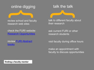 talk to different faculty about
their research
ask current FURI or other
research students
visit faculty during office hours
make an appointment with
faculty to discuss opportunities
{review school and faculty
research web sites
check the FURI website:
Research Opportunities
review FURI Abstract
books
online digging
finding a faculty mentor
{
talk the talk
 
