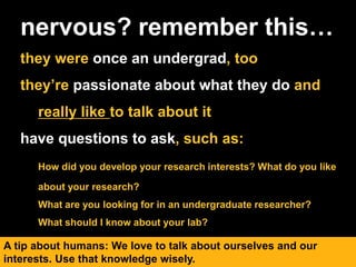 nervous? remember this…
they were once an undergrad, too
they’re passionate about what they do and
really like to talk about it
have questions to ask, such as:
How did you develop your research interests? What do you like
about your research?
What are you looking for in an undergraduate researcher?
What should I know about your lab?
A tip about humans: We love to talk about ourselves and our
interests. Use that knowledge wisely.
 