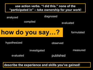use action verbs. “I did this.” none of the
“participated in” – take ownership for your work!
hypothesized
formulated
investigated
how do you say…?
compiled
analyzed
describe the experience and skills you’ve gained!
diagnosed
evaluated
evaluated
observed
published
measured
 