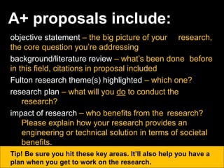 A+ proposals include:
objective statement – the big picture of your research,
the core question you’re addressing
background/literature review – what’s been done before
in this field, citations in proposal included
Fulton research theme(s) highlighted – which one?
research plan – what will you do to conduct the
research?
impact of research – who benefits from the research?
Please explain how your research provides an
engineering or technical solution in terms of societal
benefits.
Tip! Be sure you hit these key areas. It’ll also help you have a
plan when you get to work on the research.
 