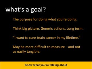 what’s a goal?
The purpose for doing what you’re doing.
Think big picture. Generic actions. Long term.
“I want to cure brain cancer in my lifetime.”
May be more difficult to measure and not
as easily tangible.
Know what you’re talking about
 