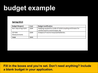 budget example
Fill in the boxes and you’re set. Don’t need anything? Include
a blank budget in your application.
 