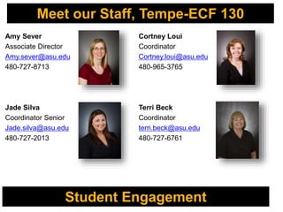 Meet our Staff, Tempe-ECF 130
Amy Sever
Associate Director
Amy.sever@asu.edu
480-727-8713
Jade Silva
Coordinator Senior
Jade.silva@asu.edu
480-727-2013
Student Engagement
Cortney Loui
Coordinator
Cortney.loui@asu.edu
480-965-3765
Terri Beck
Coordinator
terri.beck@asu.edu
480-727-6761
 