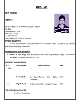 RESUME
AMIT KUMAR
ADDRESS:
H.N-254W,MOH-BASHARATPUR,POST-AROGYA
MANDIR
Distt:- Gorakhpur (U.P.)
Pin Code:- 273003
Mob-08447551689
Email-amitkumar1073600005@gmail.com
CAREER OBJECTIVE:
To have a professional opportunity and work environment where I can prove my efficiency
along with achieving job satisfaction. .
PROFESSIONAL QUALIFICATION:
 B.Tech in Civil Engg from Manyawar Kanshi Ram Engineering College Of Information
Technology, Azamgarh during 2010- 2014. .
ACADEMIC QUALIFICATION:
 S.
No.
Class/Degree Board/University Year
1 Intermediate Up board/Rastriya Inter College
Gorakhpur
2010
2 High School Up board/ Janta Inter college Gorakhpur 2008
TECHNICAL QUALIFICATION:
 b-tech in civil engineering
 