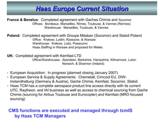 Haas Europe Current Situation
France & Benelux: Completed agreement with Gaches Chimie and Socomor
Offices: Bordeaux, Marseilles, Nîmes, Toulouse, & Vannes (Rennes)
Warehouse: Marseilles, Toulouse, & Vannes
Poland: Completed agreement with Groupe Méaban (Socomor) and Statoil Poland
Office: Krakow, Lublin, Rzeszow, & Warsaw
Warehouse: Krakow, Lodz, Piaseczno
Haas Staffing in Warsaw and proposed for Mielec
UK: Completed agreement with Kemfast LTD
Office/Warehouses: Aberdeen, Berkshire, Hampshire, Kilmarnock, Luton
Norwich, & Shannon (Ireland)
- European Acquisition: In progress (planned closing January 2007)
- European Service & Supply Agreements: Chemetall, Cimcool EU, DIW-
Instandhaltung (Germany & Austria), Gache Chimie, Kemfast, Socomor, Statoil.
- Haas TCM has a complete aerospace product line access directly with its current
UTC, Raytheon, and IAI business as well as access to chemical sourcing from Gache
Chimie (sourcing for Airbus Toulouse and Eurocopter) and Kemfast (MRO focused
sourcing)
CMS functions are executed and managed through tcmIS
by Haas TCM Managers
Haas Europe Current SituationHaas Europe Current Situation
 