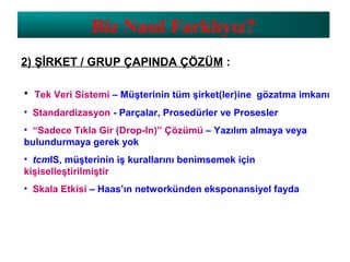 2) ŞİRKET / GRUP ÇAPINDA ÇÖZÜM :
• Tek Veri Sistemi – Müşterinin tüm şirket(ler)ine gözatma imkanı
• Standardizasyon - Parçalar, Prosedürler ve Prosesler
• “Sadece Tıkla Gir (Drop-In)” Çözümü – Yazılım almaya veya
bulundurmaya gerek yok
• tcmIS, müşterinin iş kurallarını benimsemek için
kişiselleştirilmiştir
• Skala Etkisi – Haas’ın networkünden eksponansiyel fayda
Biz Nasıl Farklıyız?
 