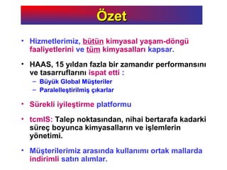 • Hizmetlerimiz, bütün kimyasal yaşam-döngü
faaliyetlerini ve tüm kimyasalları kapsar.
• HAAS, 15 yıldan fazla bir zamandır performansını
ve tasarruflarını ispat etti :
– Büyük Global Müşteriler
– Paralelleştirilmiş çıkarlar
• Sürekli iyileştirme platformu
• tcmIS: Talep noktasından, nihai bertarafa kadarki
süreç boyunca kimyasalların ve işlemlerin
yönetimi.
• Müşterilerimiz arasında kullanımı ortak mallarda
indirimli satın alımlar.
ÖzetÖzet
 