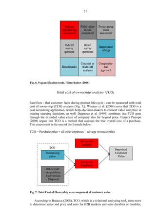 21
Fig. 6. 9 quantification tools. Hinterhuber (2008)
Total cost of ownership analysis (TCO)
Sacrifices - that customer faces during product life-cycle - can be measured with total
cost of ownership (TCO) analysis (Fig. 7.). Wouters et al. (2004) notes that TCO is a
cost accounting application, which helps decision-makers to connect value and price in
making sourcing decisions, as well. Degraeve et al. (1999) continues that TCO goes
through the extended value chain of company also far beyond price. Herrera Piscopo
(2008) argues that TCO is a method that assesses the true overall cost of a purchase.
This assessment is the sum of the formula below:
TCO = Purchase price + all other expenses – salvage or resale price
Fig. 7. Total Cost of Ownership as a component of customer value
According to Busacca (2008), TCO, which is a relational analyzing tool, aims more
to determine value and price and suits for B2B markets and semi durables or durables,
 