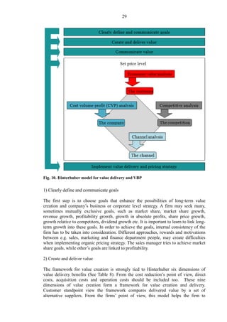 29
Fig. 10. Hinterhuber model for value delivery and VBP
1) Clearly define and communicate goals
The first step is to choose goals that enhance the possibilities of long-term value
creation and company’s business or corporate level strategy. A firm may seek many,
sometimes mutually exclusive goals, such as market share, market share growth,
revenue growth, profitability growth, growth in absolute profits, share price growth,
growth relative to competitors, dividend growth etc. It is important to learn to link long-
term growth into these goals. In order to achieve the goals, internal consistency of the
firm has to be taken into consideration. Different approaches, rewards and motivations
between e.g. sales, marketing and finance department people, may create difficulties
when implementing organic pricing strategy. The sales manager tries to achieve market
share goals, while other’s goals are linked to profitability.
2) Create and deliver value
The framework for value creation is strongly tied to Hinterhuber six dimensions of
value delivery benefits (See Table 8). From the cost reduction’s point of view, direct
costs, acquisition costs and operation costs should be included too. These nine
dimensions of value creation form a framework for value creation and delivery.
Customer standpoint view the framework compares delivered value by a set of
alternative suppliers. From the firms’ point of view, this model helps the firm to
 