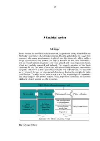 37
3 Empirical section
3.1 Scope
In this section, the theoretical value framework, adapted from mostly Hinterhuber and
Storbacka value framework, is tested in practice. The data, gathered and proceeded from
customers via survey questionnaires, is placed into this framework, which builds a
bridge between theory and practice (see Fig.12). Essential for this value framework –
and for product features, in general - are value research and value proposition phases,
which are carefully evaluated and gathered. The research questions of the thesis
determine the very first phase of the scope, which is to clearly define and communicate
the goals. The answer to these questions covers the core of framework. The customer
survey primarily focuses on value research, but also on finding the principles for value
quantification. The objective of value research is to find segment-specific importance
and actual usage of new product features. Value proposition summarizes the customer
needs and value of segment specific suggestion.
Fig. 12. Scope of thesis
 