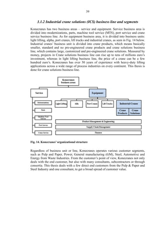 39
3.1.2 Industrial crane solutions (ICS) business line and segments
Konecranes has two business areas – service and equipment. Service business area is
divided into modernizations, parts, machine tool service (MTS), port service and crane
service business line. As for equipment business area, it is divided into business units:
light lifting, alpha, port cranes, lift trucks and industrial cranes, as seen in Fig. 14 below.
Industrial cranes’ business unit is divided into crane products, which means basically
smaller, standard and no pre-engineered crane products and crane solutions business
line, which contains large, customized and pre-engineered crane solutions. Measured by
money, projects in Crane solutions business line can rise up to tens of millions euro’s
investment, whereas in light lifting business line, the price of a crane can be a few
hundred euro’s. Konecranes has over 50 years of experience with heavy-duty lifting
applications across a wide range of process industries on every continent. This thesis is
done for crane solutions business line.
Fig. 14. Konecranes’ organizational structure
Regardless of business unit or line, Konecranes operates various customer segments,
such as Pulp and Paper, Power, General manufacturing (GM), Steel, Automotive and
Energy from Waste Industries. From the customer’s point of view, Konecranes not only
deals with the end customer, but also with many consultants, subcontractors or through
consortia. This thesis deals with a few direct end customers from the Pulp & Paper and
Steel Industry and one consultant, to get a broad spread of customer value.
 