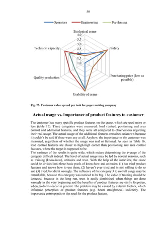 50
Fig. 25. Customer value spread per task for paper making company
Actual usage vs. importance of product features to customer
The customer has many specific product features on the crane, which are used more or
less (table 16). Three categories were measured: load control, positioning and area
control and additional features, and they were all compared to observations regarding
their real usage. The actual usage of the additional features remained unknown because
it couldn’t be said if there were any at all. Anyhow, the importance to the customer was
measured, regardless of whether the usage was real or fictional. As seen in Table 16,
load control features are closer to high-high corner than positioning and area control
features, where the target is supposed to be.
The variance of the results is quite wide, which makes determining the average of the
category difficult indeed. The level of actual usage may be led by several reasons, such
as training (know-how), attitudes and trust. With the help of the interview, the crane
could be divided into three basic pools of know-how and attitudes; (1) has tried product
features and knows how to use them, (2) haven’t ever tried and is not willing to do so
and (3) tried, but did it wrongly. The influence of the category 3 to overall usage may be
remarkable, because this category was noticed to be big. The value of training should be
detected, because in the long run, trust is easily diminished when things are done
wrongly in the very beginning and the benefits of product features are easily forgotten,
when problems occur in general. The problem may be caused by external factors, which
influence perception of product features (e.g. beam straightness) indirectly. The
importance corresponds to the need for the product feature.
 