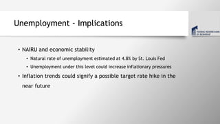 Unemployment - Implications
• NAIRU and economic stability
• Natural rate of unemployment estimated at 4.8% by St. Louis Fed
• Unemployment under this level could increase inflationary pressures
• Inflation trends could signify a possible target rate hike in the
near future
 