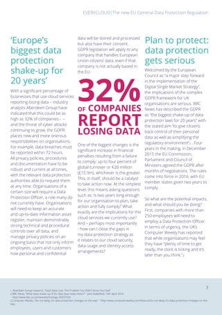 The new EU General Data Protection RegulationEVERYCLOUD
3
‘Europe’s
biggest data
protection
shake-up for
20 years’
With a significant percentage of
businesses that use cloud services
reporting losing data – industry
analysts Aberdeen Group have
indicated that this could be as
high as 32% of companies 1 –
and the threat of cyber attacks
continuing to grow, the GDPR
places new and more onerous
responsibilities on organisations.
For example, data breaches must
be reported within 72 hours.
All privacy policies, procedures
and documentation have to be
robust and current at all times,
with the relevant data protection
authorities able to request them
at any time. Organisations of a
certain size will require a Data
Protection Officer, a role many do
not currently have. Organisations
will need to keep an accurate
and up-to-date information asset
register, maintain demonstrably
strong technical and procedural
controls over all data, and
manage privacy policies on an
ongoing basis that not only inform
employees, users and customers
how personal and confidential
data will be stored and processed
but also have their consent.
GDPR legislation will apply to any
company that handles European
Union citizens’ data, even if that
company is not actually based in
the EU.
One of the biggest changes is the
significant increase in financial
penalties resulting from a failure
to comply: up to four percent of
global turnover or €20 million
(£15.9m), whichever is the greater.
This, in itself, should be a catalyst
to take action now. At the simplest
level, this means asking questions
such as: Is two years long enough
for our organisation to plan, take
action and fully comply? What
exactly are the implications for the
cloud services we currently use?
And – perhaps most importantly
- how can I close the gaps in
my data protection strategy as
it relates to our cloud security,
data usage and identity access
arrangements?
Plan to protect:
data protection
gets serious
Welcomed by the European
Council as “a major step forward
in the implementation of the
Digital Single Market Strategy”,
the implications of the complex
GDPR framework for UK
organisations are serious. BBC
News has described the GDPR
as “the biggest shake-up of data
protection laws for 20 years” with
the stated aim “to give citizens
back control of their personal
data as well as simplifying the
regulatory environment”2 . Four
years in the making, in December
2015 the EU Commission,
Parliament and Council of
Ministers agreed the GDPR after
months of negotiations. The rules
come into force in 2016, with EU
member states given two years to
comply.
So what are the potential impacts,
and what should you be doing?
First, companies with more than
250 employees will need to
employ a Data Protection Officer.
In terms of urgency, the UK’s
Computer Weekly has reported
that while organisations may feel
they have “plenty of time to get
ready, the clock is ticking and it’s
later than you think.”3
1 Aberdeen Group research, “SaaS Data Loss: The Problem You Didn’t Know You Had”
2 BBC News, “What does shake-up of EU data laws really mean?” - Jane Wakefield, 14th April 2016
- http://www.bbc.co.uk/news/technology-36037324
3 Computer Weekly, “Do not delay, EU data protection changes on the way” - “http://www.computerweekly.com/feature/Do-not-delay-EU-data-protection-changes-on-the-
way
32%OF COMPANIES
REPORT
LOSING DATA
 