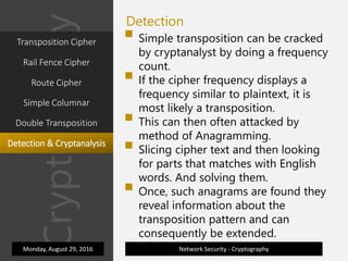 Cryptography
Network Security - Cryptography
Detection
 Simple transposition can be cracked
by cryptanalyst by doing a frequency
count.
 If the cipher frequency displays a
frequency similar to plaintext, it is
most likely a transposition.
 This can then often attacked by
method of Anagramming.
 Slicing cipher text and then looking
for parts that matches with English
words. And solving them.
 Once, such anagrams are found they
reveal information about the
transposition pattern and can
consequently be extended.
Monday, August 29, 2016
Transposition Cipher
Rail Fence Cipher
Route Cipher
Simple Columnar
Double Transposition
Detection & Cryptanalysis
 
