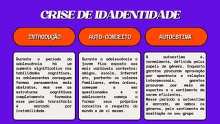 CRISEDEIDADENTIDADE
CRISEDEIDADENTIDADE
INTRODUÇÃO
INTRODUÇÃO
Durante a adolescência o
jovem fica exposto aos
mais variáveis contextos:
amigos, escola, internet
etc, portanto os valores
familiares, antes únicos,
começam a ser
questionados e o
adolescente começa a
formar seus próprios
conceitos a respeito do
mundo e de si mesmo.
Durante o período da
adolescência há um
aumento significativo nas
habilidades cognitivas,
os adolescentes conseguem
formas pensamentos mais
abstratos, mas sem as
estruturas cognitivas
completamento formadas
esse período transitório
é marcado por
instabilidade.
AUTO-CONCEITO
AUTO-CONCEITO
A autoestima é,
normalmente, definida pelos
papeis de gênero. Enquanto
garotas procuram aprovação
por aparência e relações
interpessoais, garotos
procuram por meio de
esportes e o sentimento de
serem eficientes.
Nesse período a autoestima
é marcada, em ambos os
gêneros, pelo sentimento de
aceitação no seu grupo
AUTOESTIMA
AUTOESTIMA
 
