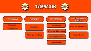 TÓPICOS
TÓPICOS
INTRODUÇÃO
INTRODUÇÃO PUBERDADE
PUBERDADE CONSIDERANÇÕES
CONSIDERANÇÕES
FINAIS
FINAIS
Puberdade
x
Adolescência
Abuso de Substâncias
Saúde Mental
Hormônios
Mudanças Físicas
ADOLESCÊNCIA
ADOLESCÊNCIA
Introdução
Relacionamentos
Sexualidade
Crise de Identidade
 