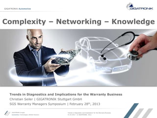 01.03.2013 © GIGATRONIK, 2012
Trends in Diagnostics and Implications for the Warranty Business
Trends in Diagnostics and Implications for the Warranty Business
Christian Seiler | GIGATRONIK Stuttgart GmbH
SGS Warranty Managers Symposium | February 28th, 2013
Complexity – Networking – Knowledge
 