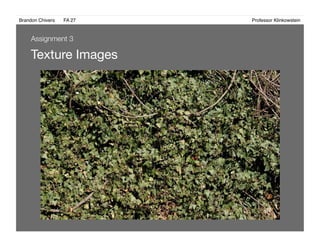 Brandon Chivers ! FA 27! ! ! ! ! ! ! ! ! ! ! ! ! Professor Klinkowstein!
Texture Images 
Assignment 3
 