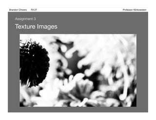 Brandon Chivers ! FA 27! ! ! ! ! ! ! ! ! ! ! ! ! Professor Klinkowstein!
Texture Images 
Assignment 3
 