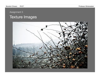 Brandon Chivers ! FA 27! ! ! ! ! ! ! ! ! ! ! ! ! Professor Klinkowstein!
Texture Images 
Assignment 3
 