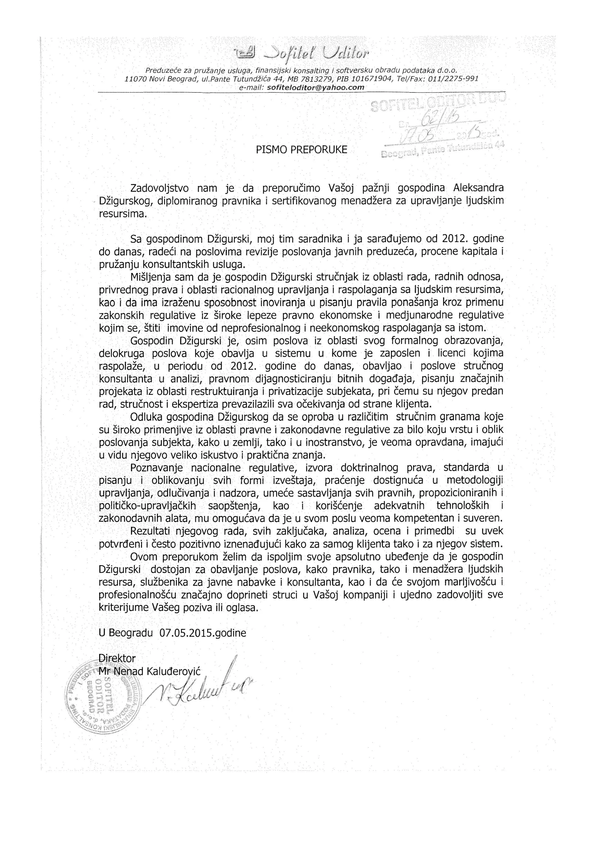 Pismo preporuke-Sofitel Oditor | PDF
