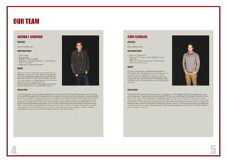 4 5
OUR TEAM
JOSHUA F. DUNFORD
CONTACT
dun11013@byui.edu
CONTRIBUTIONS
•	 Slide design
•	 Presentation
•	 Booklet: ‘Why we Help”
•	 Appendix: “Strategic Research - The Benefits 	
of Volunteerism”
•	 Appendix: “Joshua F. Dunford”
ABOUT
Joshua is a senior studying communications at
Brigham Young University Idaho. He graduates
July 2016 and plans to attend law school shortly
thereafter. He is an avid reader, debater, and car
lover. He speaks two languages, has lived on two
continents, and is president of the
Pre-Law Society at BYU-I. He aspires to become
a practicing attorney and published author.
CODY KLINGLER
CONTACT
kli13003@byui.edu
CONTRIBUTIONS
•	 Writer of “Rationale”
•	 Writer of “Our Team: Cody Klingler” in the
appendix
•	 Writer of “What You Can Do” in the booklet
•	 Allocation Committee
ABOUT
Cody is a Healthcare Administration major at
BYU-Idaho. He will graduate in the Spring of 2017,
and plans to attend graduate school to receive
both a masters in healthcare administration and
in business. He and his wife live in Rexburg, Idaho
and both share a love for sports, travel, family and
animals.
REFLECTION
I am starting my own non-profit organization. That’s the kind of impact this project has had on me.
As I worked through this I remembered that I am not the only person on the planet. I am incredibly
fortunate, I was given many opportunities to progress and make valuable albeit small contributions
to this world. Other people have been less fortunate. I have spent a lot of time thinking about the
inequality of opportunity. “Why me?” has been the subject of much of the pondering about why I
have so much that other people don’t. I have come to the conclusion that there is no answer to the
“Why me?” question. It happened, because of where and to whom I was born. I can make valuable
contributions. It would be a crime not to. That’s what this project has taught me. Make valuable
contributions, because you have the ability to do so. I will do just that.
REFLECTION
This project has opened my eyes in more ways than one. The biggest thing that jumped out to me
is how unaware I was about all of these great NPO’s in our community. I had heard of Dando Amor
before, but only of their Shoes4Love campaign. I had no idea how much more there was to their
organization, but I am so thankful I found out. What they do is some of the most selfless work I have
ever heard of. They are always putting the less fortunate before themselves, and that is a message I
needed in my own life. It helped me realize how lucky I have it, and how easy it is for us to help. All
we did was ask the owners, and immediately they had something for us to work on. Dando Amor is a
great example in my life.
 