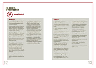 12 13
THE BENEFITS
OF VOLUNTEERISM
1.	Neumann, Caryn. “Ecuadorian
Immigrants.” Immigration to the United
States. Web.
This source is important because it provides
us with some perspective as to why so many
Ecuadorians immigrate to the United States
illegally.
2.	“DOING GOOD IS GOOD FOR YOU.”
UnitedHealth Group. UnitedHealth Group,
2013. Web. 2015.
This source is important as we are trying to
demonstrate some of the innate benefits of
altruistic volunteerism.
3.	Strahilevitz Ph.D. Michal Ann Strahilevitz
Ph.D, Michal Ann. “Charitable Giving Guide:
Maximize Both Happiness and Impact.”
Psychology Today. Psychology Today, 12 Dec.
2012. Web. 2015.
This research is important because it
shows that the act of giving to charity has
psychological benefit and can help improve
your mental health.
4.	“GDP per Capita (current US$).” World
Bank Data. World Bank Data. Web. 1 Nov.
2015. This passage is important because
it shows the GDP difference between
Americans and Ecuadorians.
5.	“How Much Money Does the United States
Spend on Public Elementary and Secondary
Schools?” Institute of Education Sciences.
U.S. Department of Education, National
Center for Education Statistics., 2015. Web.
2015.
This demonstrates how much it costs for
American Children to get an average
american education.
6.	MANUEL KROGSTAD, JENS. “5 Facts
about Illegal Immigration in the U.S.” Pew
Research. 19 Nov. 2015. Web. 1 Nov. 2015.
1.	Most Ecuadorians living in the U.S. are
economic refugees. The Ecuadorians who
immigrate to the United States represent
a disproportionately large portion of total
number of Ecuadorians.
2.	Over three-quarters of people who
volunteered in the past twelve months told
us that volunteering has made them feel
physically healthier—in fact, most say that
one of the reasons they decided to volunteer
was the belief that doing volunteer work
would be good for their health.
3.	The psychological benefits of giving
include the good feeling derived when
people “do the right thing”, the pleasurable
feeling of moral satisfaction, the desire to
view oneself as compassionate and kind and
an emotionally positive experience known as
“warm-glow”.
4.	The United States Gross Domestic Product
per capita is $53,041.98. Compared that to
the Gross Domestic Product per capita in
Ecuador at $6,002.89.
5.	Total expenditures for public elementary
and secondary schools in the United States
amounted to $621 billion in 2011–12, or
$12,401 per public school student enrolled
in the fall (in constant 2013–14 dollars,
based on the Consumer Price Index). These
expenditures include $11,014 per student
in current expenditures for operation
of schools; $1,018 for capital outlay (i.e.,
expenditures for property and for buildings
and alterations completed by school district
staff or contractors); and $370 for interest on
school debt.
6.	There were 11.3 million unauthorized
immigrants in the U.S. in 2014.
7.	The state of Idaho spent 188 million
dollars on Undocumented Immigrants Last
year.
Joshua F. Dunford
8.	Over the past two decades we have seen
a growing body of research that indicates
volunteering provides individual health
benefits in addition to social benefits.
This research has established a strong
relationship between volunteering and
health: those who volunteer have lower
mortality rates, greater functional ability,
and lower rates of depression later in life
than those who do not volunteer.
9.	Volunteering time makes you feel like you
have more time. Wharton professor Cassie
Mogilner wrote in the Harvard Business
Review that her research found those who
volunteer their time feel like they have
more of it. This is similar to other research
showing that people who donate to charity
feel wealthier.
10.	Community is a combination of
two elements: A) A web of affect laden
relationships among a group of individuals,
relationships that often crisscross and
reinforce one another-rather than merely
one-on-one or chainlike individual
relationships; B) A measure of commitment
to a set of shared values, norms, and
meanings, and a shared history and
identity-in short, to a particular culture.
KEY FACTS
This source is important because it illustrates
the scale of undocumented immigrant
population in the United States.
7.	The Fiscal Burden of Illegal Immigration
on Idaho.” Farius. Farius, 2011. Web. 2015.
This source illustrates what illegal
immigration is costing Rexburgians.
8.	Grimm, Robert. “THE HEALTH
BENEFITS OF VOLUNTEERING.”
National Service. Corporation for National
Community Service, 2007. Web. 2015.
This is important to demonstrate the effect
volunteering has on the individual.
9.	Horoszowski, Mark. “5 Surprising Benefits
Of Volunteering.” Forbes. Forbes, 19 Mar.
2015. Web. 1 Nov. 2015.
This again is more evidence demonstrating
the positive health benefits of volunteering
on the individual.
10.	Etzioni, Amitai. “The Good Society.”
GWU. GWU. Web. 2015.
This source shows what kind of people make
up a good society.
SOURCES
 