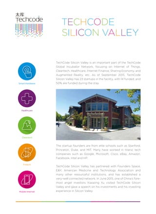 TechCode Silicon Valley is an important part of the TechCode
Global Incubator Network, focusing on Internet of Things,
Cleantech, Healthcare, Internet Finance, Sharing Economy, and
Augmented Reality, etc. As of September 2015, TechCode
Silicon Valley has 23 startups in the facility, with 14 funded, and
50% are funded during the stay.
The startup founders are from elite schools such as Stanford,
Princeton, Duke, and MIT. Many have worked in titanic tech
companies such as Google, Microsoft, Cisco, eBay, Amazon,
Facebook, Intel and HP.
TechCode Silicon Valley has partnered with Founders Space,
E&Y, American Medicine and Technology Association and
many other resourceful institutions, and has established a
very-well connected network. In June 2015, one of China’s fore-
most angel investors Xiaoping Xu visited TechCode Silicon
Valley and gave a speech on his investments and his investing
experience in Silicon Valley.
Smart Hardware
Healthcare
Cleantech
Fintech
Mobile Internet
 