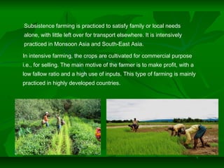 In intensive farming, the crops are cultivated for commercial purpose
i.e., for selling. The main motive of the farmer is to make profit, with a
low fallow ratio and a high use of inputs. This type of farming is mainly
practiced in highly developed countries.
Subsistence farming is practiced to satisfy family or local needs
alone, with little left over for transport elsewhere. It is intensively
practiced in Monsoon Asia and South-East Asia.
 