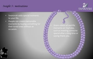 • Swarovski adds special moments
to your life.
• People can create memorable
moments by buying something for
their loved ones without an
occasion.
Insight 3 : motivations
• Share videos of real-life
moments on YouTube,
such as meeting someone
special after a long time or
saying thank you.
 
