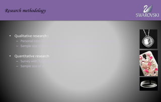 • Qualitative research :
– Personal interviews with Target group (in-person) and competition
– Sample size of 9 for Target group and 4 for competition
• Quantitative research
– Survey with Target group, non buyers and self buyers
– Sample size of 45
Research methodology
 