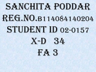 Sanchita Poddar
Reg.No.B114084140204
Student ID 02-0157
X-D 34
FA 3

 