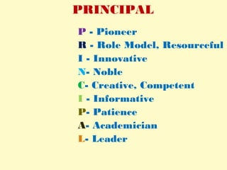 PRINCIPAL
P - Pioneer
R - Role Model, Resourceful
I - Innovative
N- Noble
C- Creative, Competent
I - Informative
P- Patience
A- Academician
L- Leader
 