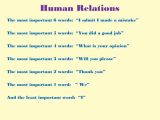 Human Relations
The most important 6 words: “I admit I made a mistake”
The most important 5 words: “You did a good job”
The most important 4 words: “What is your opinion”
The most important 3 words: “Will you please”
The most important 2 words: “Thank you”
The most important 1 word: “ We”
And the least important word: “I”
 