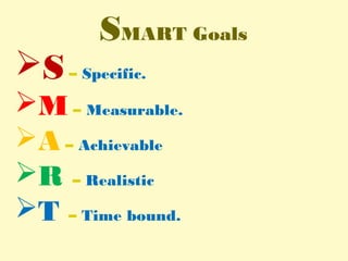 SMART Goals
S– Specific.
M – Measurable.
A – Achievable
R – Realistic
T – Time bound.
 