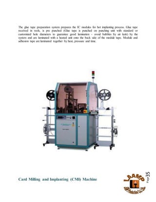 Page35
The glue tape preparation system prepares the IC modules for hot implanting process. Glue tape
received in reels, is pre punched (Glue tape is punched on punching unit with standard or
customized hole diameters to guarantee good lamination - avoid bubbles by air leak) by the
system and are laminated with a heated unit onto the back side of the module tape. Module and
adhesion tape are laminated together by heat, pressure and time.
Card Milling and Implanting (CMI) Machine
 