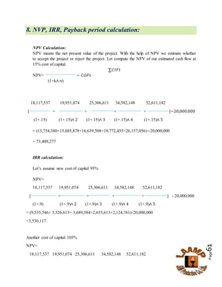 Page61
8. NVP, IRR, Payback period calculation:
NPV Calculation:
NPV means the net present value of the project. With the help of NPV we estimate whether
to accept the project or reject the project. Let compute the NPV of our estimated cash flow at
15% cost of capital.
∑𝐶𝐼𝐹𝑡
NPV= − 𝐶𝑂𝐹𝑡
(1+k∧ 𝑛)
18,117,537 19,951,074 25,306,611 34,582,148 52,611,182
[ + + + + ]−20,000,000
(1+.15) (1+.15)∧ 2 (1+.15)∧ 3 (1+.15)∧ 4 (1+.15)∧ 5
= (15,754,380+15,085,878+16,639,508+19,772,455+26,157,056)−20,000,000
= 73,409,277
IRR calculation:
Let’s assume new cost of capital 95%
NPV=
18,117,537 19,951,074 25,306,611 34,582,148 52,611,182
[ + + + + ] - 20,000,000
(1+.9) (1+.9)∧ 2 (1+.9)∧ 3 (1+.9)∧ 4 (1+.9)∧ 5
= (9,535,546+ 5,526,613+ 3,689,584+2,653,613+2,124,761)-20,000,000
=3,530,117
Another cost of capital 105%
NPV=
18,117,537 19,951,074 25,306,611 34,582,148 52,611,182
 