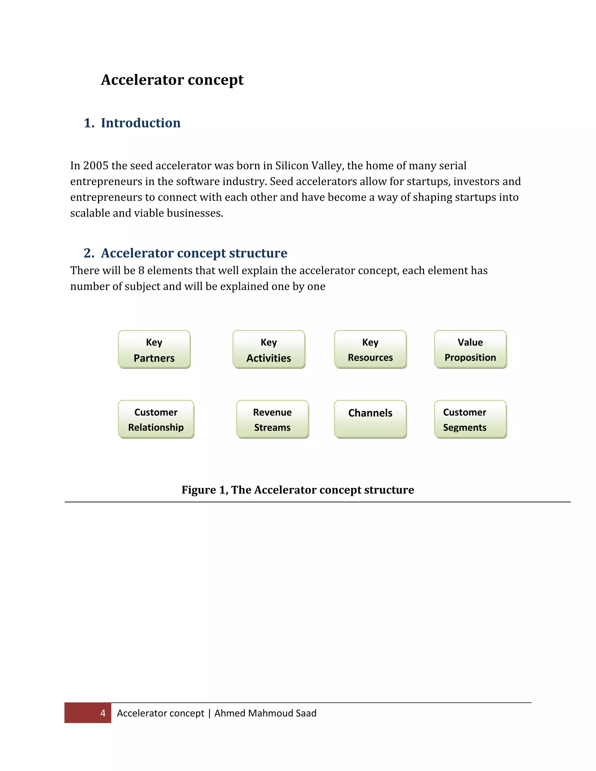 4 Accelerator concept | Ahmed Mahmoud Saad
Accelerator concept
1. Introduction
In 2005 the seed accelerator was born in Silicon Valley, the home of many serial
entrepreneurs in the software industry. Seed accelerators allow for startups, investors and
entrepreneurs to connect with each other and have become a way of shaping startups into
scalable and viable businesses.
2. Accelerator concept structure
There will be 8 elements that well explain the accelerator concept, each element has
number of subject and will be explained one by one
Figure 1, The Accelerator concept structure
Key
Partners
Customer
Relationship
s
Revenue
Streams
Channels
Key
Activities
Key
Resources
Value
Proposition
Customer
Segments
 