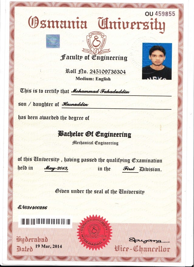 Attested copy of certificate front